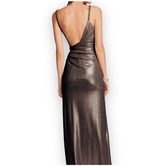 Retrofete Yesi Dress Bronze Gold Metallic Wrap Bodice Gown High Slit Women’s ~ S - Picture 2 of 15